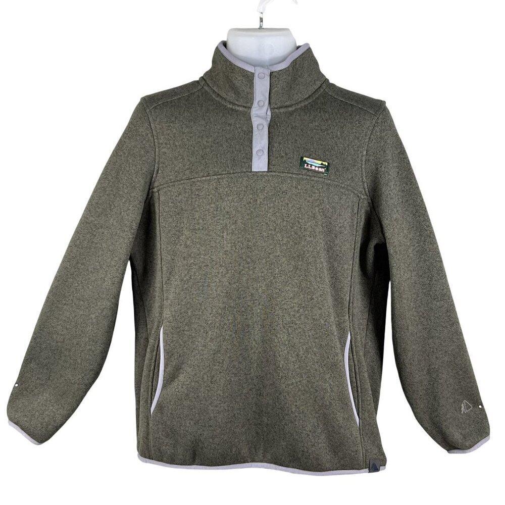 LL Bean Womens L Olive Green Snap Up Fleece Jacket Pullover Long Sleeve Sweater